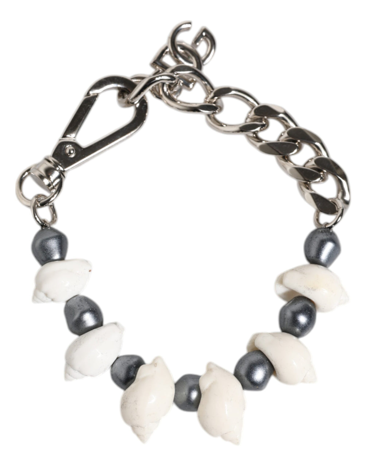 Dolce & Gabbana Silver Tone Brass Beaded Shell DG Logo Pendant Bracelet