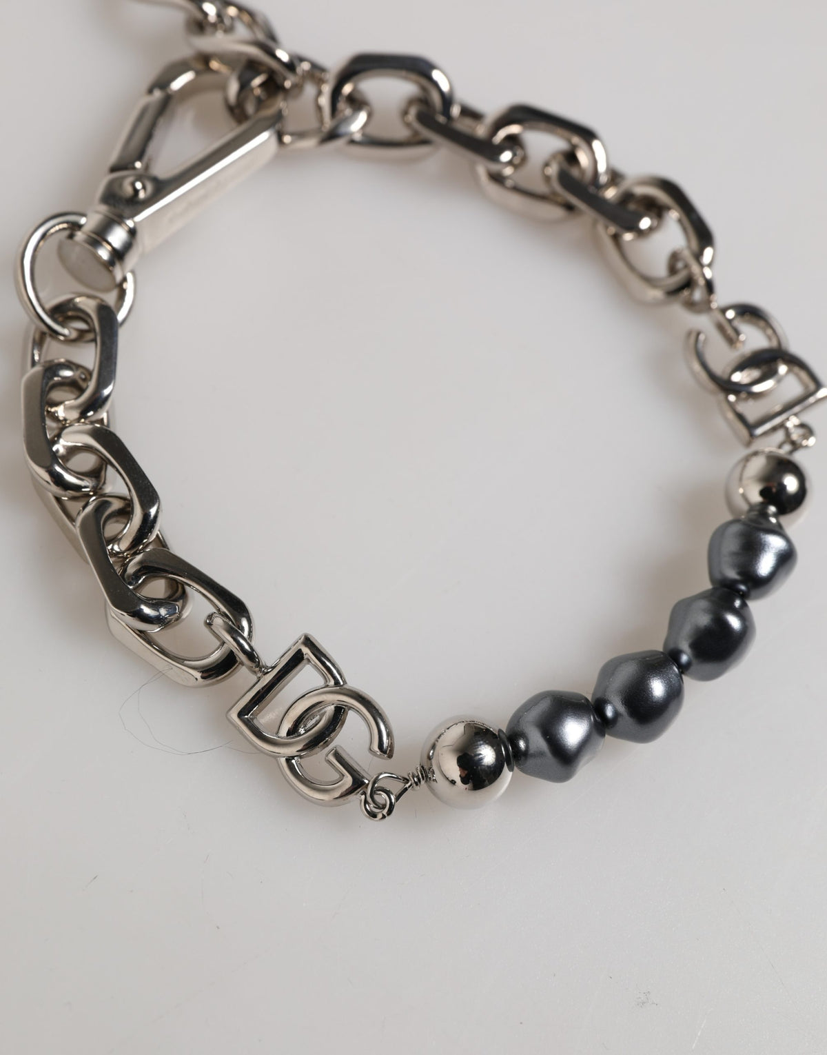 Dolce & Gabbana Silver Tone Chain Lobster Clasp Logo Gray Pearls Bracelet